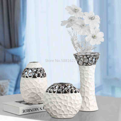 Ceramic Vase white silver Openwork pattern flower vase Europe Living Room Decoration Home Decor flower Vase Decorative ornaments