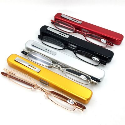 Unisex Pocket Reading Glasses Slim Mini Metal Readers with Pen Tube Case Reader Eyeglasses Diopter 1.0/1.5/2.0/2.5 Dropshipping