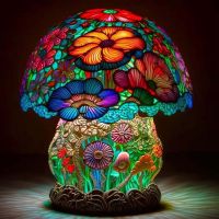 Stained Glass Mushroom Table Lamp Vintage Animal Plant Series Shaped Resin Bedroom Household