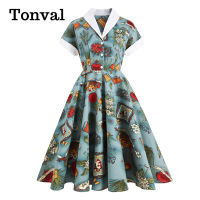 KKTonval ผู้หญิง Multicolor พิมพ์50S สไตล์ Rockabilly Vintage Swing Dress Button Up Pinup Robe หญิง A-Line Midi Cotton Dressq11