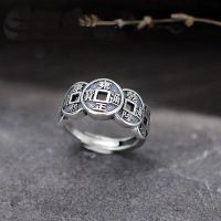 Wufu Lucky แหวนทองแดงเปิดเหรียญแบบปรับได้ Retro Men Women Good Hollow Ring