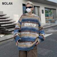 MOLAN เสื้อสเวตเตอร์สำหรับผู้ชาย,เสื้อสเวตเตอร์ผ้าปักรูปตัวอักษรไล่ระดับสีสำหรับฤดูใบไม้ร่วงและฤดูหนาวทรงหลวมและขี้เกียจเสื้อกันหนาวคอกะลาสี