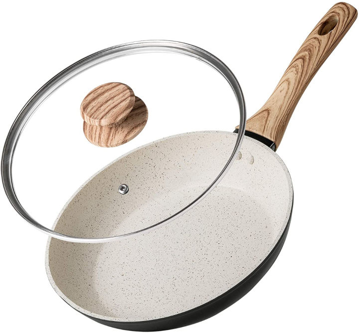 Michelangelo 8 inch Frying Pan with Lid, Small Frying Pan with Bakelite Handle, 8 inch Frying Pan Nonstick with Stone-Derived Coating, Small