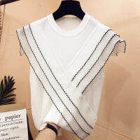 Three-layer ruffles chiffon patchwork ice silk knitted sweater women Korean o-neck thin pullover black white tops summer