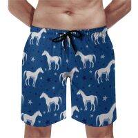 White Horse Star Board Shorts Horse Trendy Blue Star Print Surf Beach Shorts กางเกงขาสั้นชายหาด XS-5XL