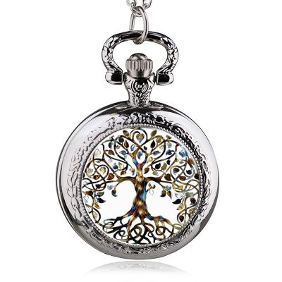 สร้อยคอโซ่แบบคลาสสิกนาฬิกาพกทรงหลังเบี้ยจี้แก้วต้นไม้แห่งชีวิตวินเทจควอทซ์ Fob นาฬิกาผู้ชายผู้หญิงของขวัญที่ดีที่สุด