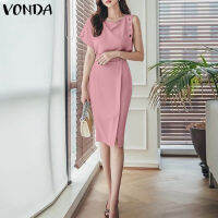 (จัดส่งฟรี)Fancystyle VONDA ชุดผู้หญิงเสื้อยืดคอกลมหรูหราแขนไม่สม่ำเสมอ,ชุดเดรสสีทึบใส่ในที่ทำงาน