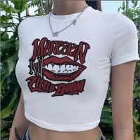 Maneskin Trashy เสื้อครอปสไตล์ฮิปปี้แนวสตรีทเสื้อเอวลอยลายกราฟิกสำหรับผู้หญิงเสื้อยืดสุดสวย90S