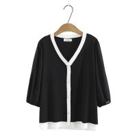 【มีไซส์ใหญ่】Plus Size Womens V-neck White Black Knitted Blouse 3/4 Sleeve False Button Tops Summer Autumn Large Size OL Blusas