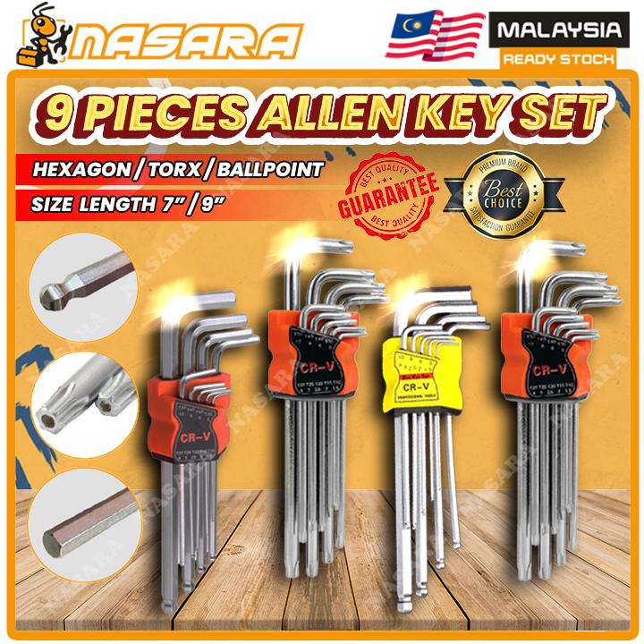 Nasara 9 Pcs Allen Key Wrench Set Hex Torx Ball Point Extra Long CRV S2 ...