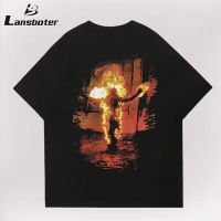 Lansboter เสื้อยืดผู้ชายแฟชั่นพรีเมี่ยมแขนสั้นพิมพ์ลายสไตล์ยุโรปและอเมริกาแบบย้อนยุค