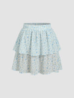 Cider Floral Ruffle Elastic Waist Mini Skirt