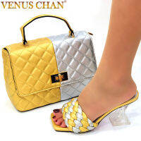 Venus Chan 2021 New Summer Design Weave Square Toe Heels High Quality Slippers Gladiator Beach Womens Sandal Shoes and Bag Set