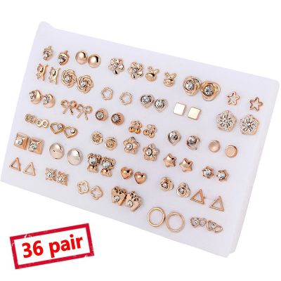 36Pairs18pairs Trendy Gold Silver Flower Stud Earring,Crystal Bear Heart Earrings, Mixed Styles Stud Earrings