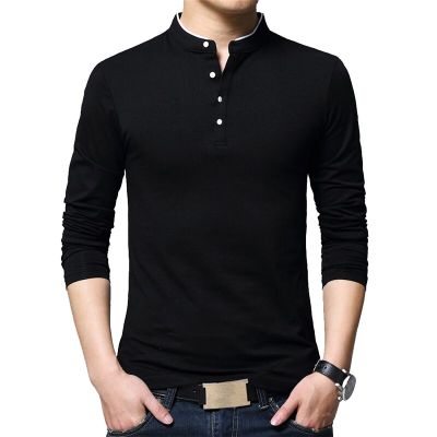 HOT11★BROWON Brand Autumn Cal Mens T Shirts Fashion 2023 Sold Color Mandarin Collar Long Sleeve T-Shirt Luxury Plus Size M-5XL