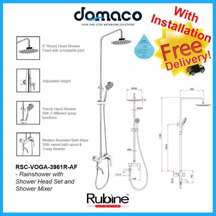 Rubine RSCVOGA3961RAF Rain Shower Set with Hand Shower and Shower