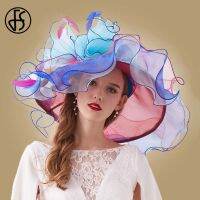 FS Pink Organza Kentucky Derby Hat For Women Wide Brim Beach Big Sun Hats Flowers Elegant Ladies Wedding Church Party Fedoras