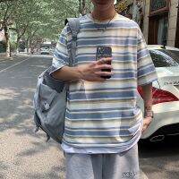 [COD] style short-sleeved T-shirt ins striped tide brand summer new Kong mens casual loose half-sleeved