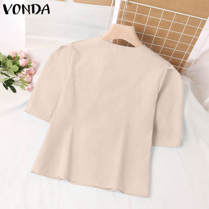 จัดส่งฟรี-fancystyle-vonda-ผู้หญิงเสื้อธรรมดาที่เรียบง่ายสบายๆรอบคอแขนสั้นปุ่มเสื้ออเนกประสงค์-2