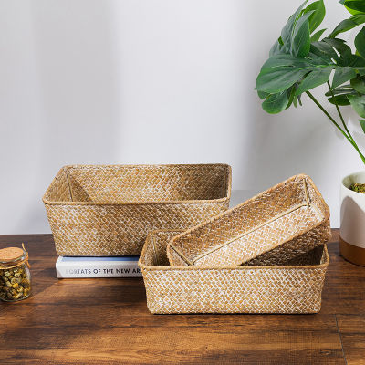 Hand-woven Storage Baskets Rectangular Rattan Fruits Sundries Storage Box Seagrass Picnic Basket Holder Home Cosmetics Organizer