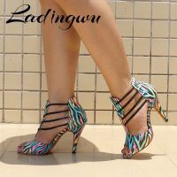 Ladingwu Classic Dance Boots Ladies Girls Latin Dance Dance Shoes Women Salsa Colorful zebra texture Soft Sole Indoor Dance Shoe