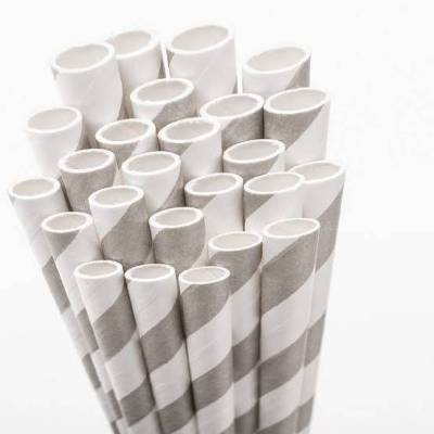 หลอดกระดาษ หลอดดูดน้ำกระดาษ ลายริ้วเทาสลับขาว 6*197 มม. 300 ชิ้น พิเศษ 150 บาท  บรรจุกล่องกระดาษ Eco Friendly 100% จัดส่งฟรี Paper Straws - Striped Paper Straws (Gray &amp; White Color) Unwrapped Dia. 6 mm.* L. 197 mm. - Free Delivery Thailand