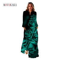 MOVOKAKA Woman Elegant Spring Autumn Long Dress Vintage Party Beach Casual Holiday Rose Print Vestidos Long Sleeve V Neck Dress