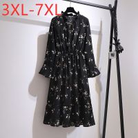 Gaun Ukuran Plus Musim Gugur Musim Dingin Baru Untuk Wanita Gaun Midi Sifon Bunga Cetak Floral Lenan Panjang Longgar Besar 3XL 4XL 5XL 6XL 7XL