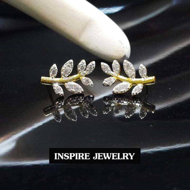 inspire-jewelry-ต่างหูเพชรสวิสรูปใบมะกอก-เครื่องประดับมงคล-หุ้มทองแท้-100-or-gold-plated-diamond-cloning