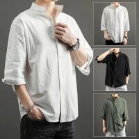 CODsereinn Korea KURTA Cotton Mens Shirt Short Sleeve Linen Loose Label Collar Stand