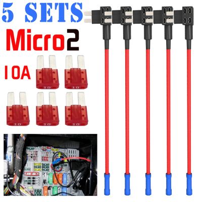 5 Pcs 12V 24V Car 16AWG Wire Fuse Holder Add-a-circuit Piggy Back TAP Adapter Kit with 10A Micro2 APT ATR Blade Fuse Holder Tool