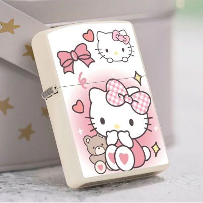 ZZOOI Kawaii Sanrio Hello Kitty Kerosene Lighter Anime Cinnamoroll Metal Lighter Grinding Wheel Windproof Lighter Boy Gift