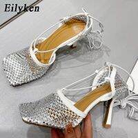 Eilyken รองเท้าสตรีตาข่ายคริสตัลสีเขียว35-42,รองเท้าส้นสูงไรน์สโตนผูกไขว้ข้อเท้าสี่เหลี่ยมสำหรับรันเวย์