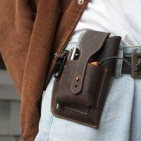 Double Mobile Phone Holder Hanging Waist Bag Men Vintage Multi-function Outdoor Fanny Pack Male Key Pen Holder Belt Bum Bag