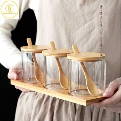3 PCS Set Glasses Storage Jar Candy Cookies Coffee Beans Organizer Bottle Wood Lid Container Spices Salt Cereal Seasoning Jars
