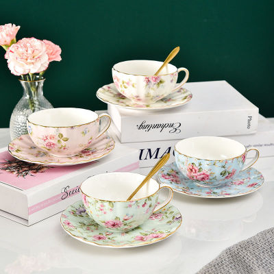 ชามพร้อมช้อนชาใช้ในบ้านถ้วยเดียวชาอังกฤษยามบ่ายชุดแก้วกาแฟถ้วยชาดอกไม้เซรามิกถ้วยเดียวส่งตรงจากยุโรป