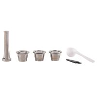 Capsules Reusable, Stainless Steel, 3 Pieces Refillable Pads for Nespresso + 1 Tamper + 1 Spoon + 1 Brush