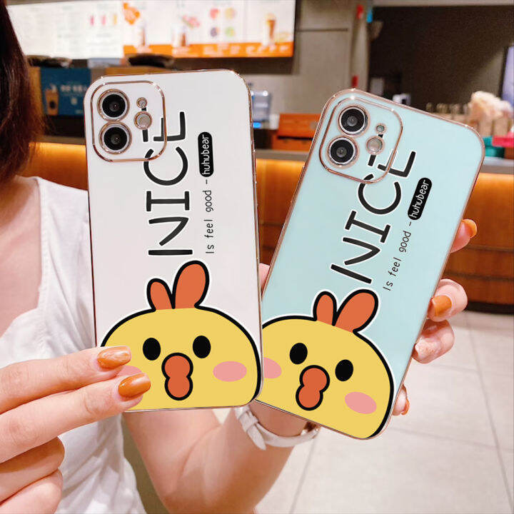 ggk-for-tecno-spark-10-spark-10c-ฟรีสายคล้องเคสลายการ์ตูนไก่ขอบสี่เหลี่ยมเคสโทรศัพท์ชุบหรูหราเคสโทรศัพท์นิ่ม