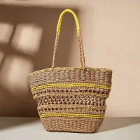 Hollow-out woven fashion womens bag contrasting color paper rope straw woven bag beach holiday womens bag 〖WYUE〗