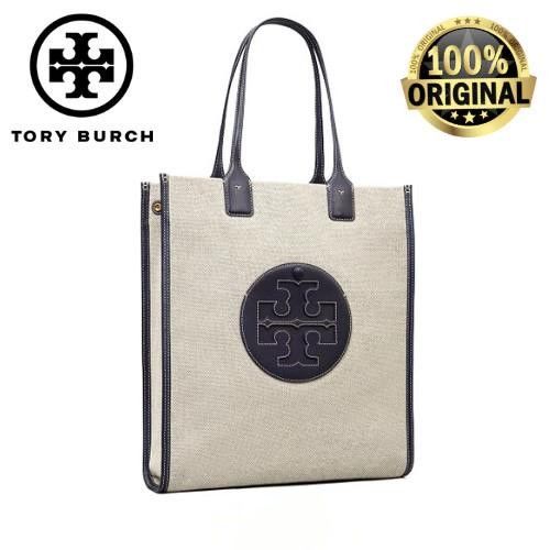Tory Burch Ella Canvas Tall Tote Bag in Natural/Tory Navy