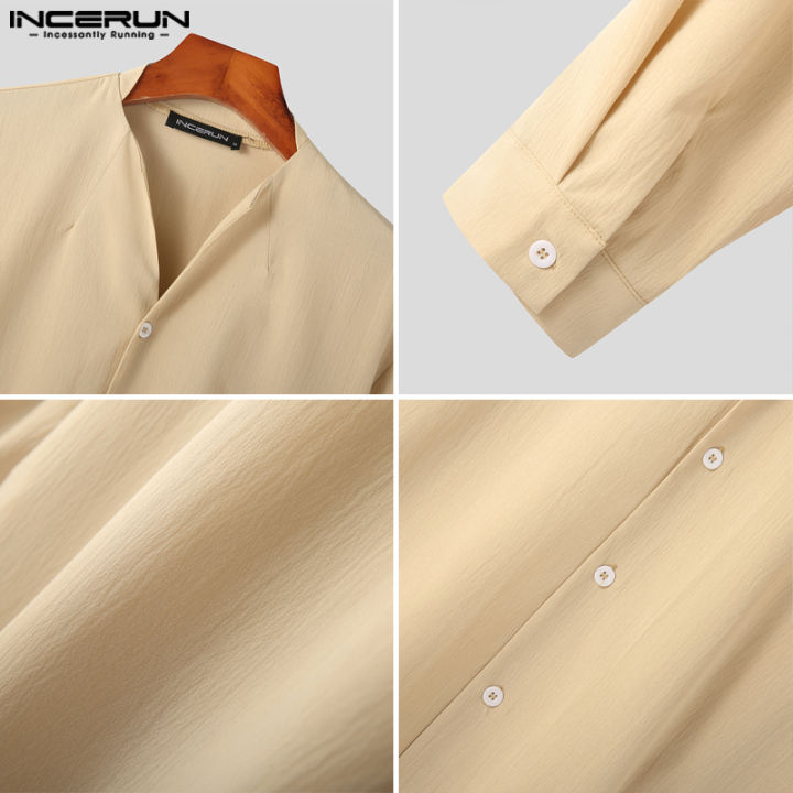 incerun-เสื้อกระดุมคอวีสำหรับผู้ชาย-เสื้อทำงานสำนักงานเสื้อเชิ้ตลำลองทางการเสื้อเชิ้ตครึ่งบนผู้หญิง-สไตล์เกาหลี