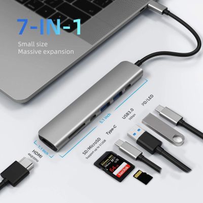 7-In-1 USB ฮับ Type C ฮับต่อพ่วงพร้อม4K USB HDMI 3.0 SD/ตัวอ่านบัตร TF PD Dock สำหรับ iPad Pro/ MacBook Pro/ Air Thunderbolt 3 Feona