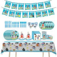 Hot Shark Party Supplies ชุด Tableware Shark แผ่นผ้ากันเปื้อนถ้วยและหลอดเด็กวันเกิดแบนเนอร์ป้ายตกแต่ง