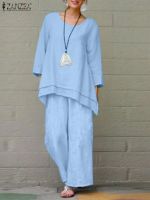 【DT】hot！ ZANZEA 2PCS O-Neck Sleeve Blouse Wide Leg Pant Matching Sets Loose Outifit