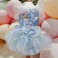 Luxury Handmade Pet Dog Clothes Embroidery Butterfly Print Bow Lace Tutu Princess Dresses For Small Medium Dog Outfits Puppy Dog Dresses