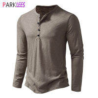 Mens Vintage Henley Tshirt 2023ฤดูใบไม้ร่วงใหม่แขนยาวครึ่งปุ่มล้าง Tshirt ผู้ชายสบายๆสีกากี Basic Tee เสื้อ Homme Camiseta