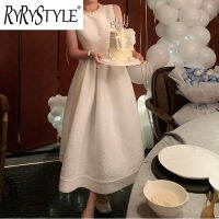 RYRYSTYLE ชุดเดรสคอไข่มุกสไตล์เฮปเบิร์นมีสายรัดเอวและ1436ยาวแขนกุดสีขาว