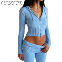 ♂☢☈ COZOK New Hoodie Cropped Top And Pants Sets Waist Suits Pink Knitted Womens Y2k Piece Set