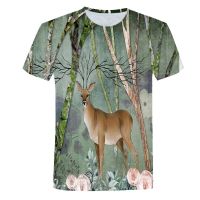 3D Deer Illustrations พิมพ์เสื้อยืดผู้ชายฤดูร้อน O คอแขนสั้นสบาย ๆ สบายเสื้อยืดด้านบนเสื้อผ้าผู้หญิงบวกขนาด XS-5XL