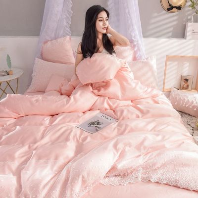 [COD] Wedding four-piece set washed silk ice princess style milk naked sleeping quilt sheet 1.8 fitted 3-piece